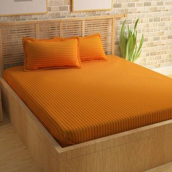 Premium Luxury Cotton Satin Striped Double Bed King Size Bedsheet (100 In x 108 In) with 2 pillow cover - Yellow 1