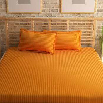 Premium Luxury Cotton Satin Striped Double Bed King Size Bedsheet (100 In x 108 In) with 2 pillow cover - Yellow 2