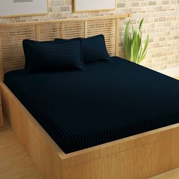 TC Premium Luxury Cotton Satin Striped Double Bed King Size Bedsheet (100 In x 108 In) with 2 pillow cover - Blue 1