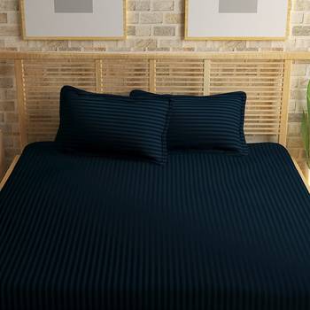 TC Premium Luxury Cotton Satin Striped Double Bed King Size Bedsheet (100 In x 108 In) with 2 pillow cover - Blue 2