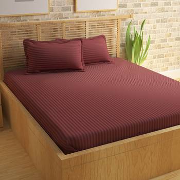 C Premium Luxury Cotton Satin Striped Double Bed King Size Bedsheet (100 In x 108 In) with 2 pillow cover - Copper Brown 1