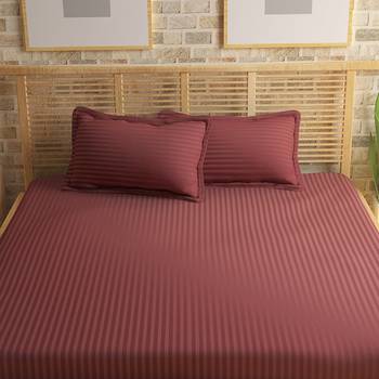 C Premium Luxury Cotton Satin Striped Double Bed King Size Bedsheet (100 In x 108 In) with 2 pillow cover - Copper Brown 2
