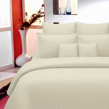 TC Premium Luxury Cotton Satin Striped Double Bed King Size Bedsheet (100 In x 108 In) with 2 pillow cover - Ivory 1