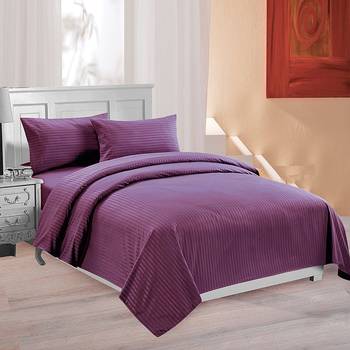 Premium Luxury Cotton Satin Striped Double Bed King Size Bedsheet (100 In x 108 In) with 2 pillow cover - Purple 3