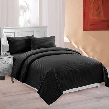 TC Premium Luxury Cotton Satin Striped Double Bed King Size Bedsheet (100 In x 108 In) with 2 pillow cover - Black 3