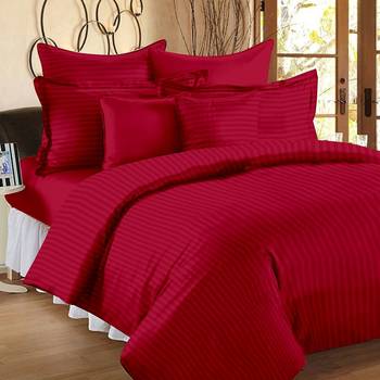 Premium Luxury Cotton Satin Striped Double Bed King Size Bedsheet (100 In x 108 In) with 2 pillow cover - Red 1