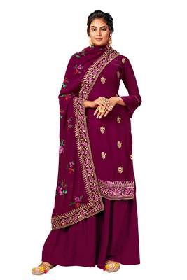 Dark-magenta embroidered faux georgette salwar 2