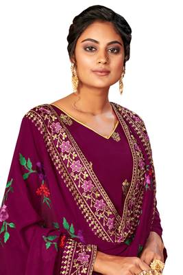 Dark-magenta embroidered faux georgette salwar 3