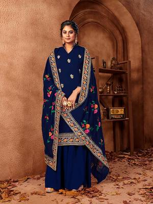 Dark-blue embroidered faux georgette salwar 1