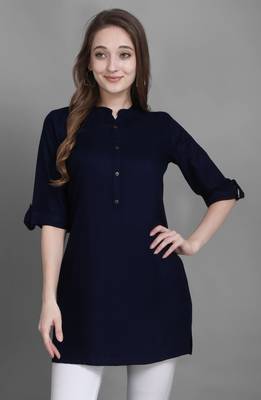 Women's Navy Blue Solid Top with Roll-up Sleeve 1