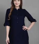Women's Navy Blue Solid Top with Roll-up Sleeve