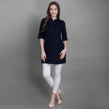 Women's Navy Blue Solid Top with Roll-up Sleeve 2