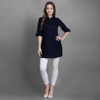 Women's Navy Blue Solid Top with Roll-up Sleeve 3