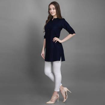 Women's Navy Blue Solid Top with Roll-up Sleeve 4