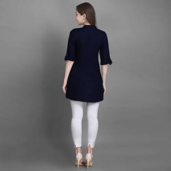 Women's Navy Blue Solid Top with Roll-up Sleeve 5