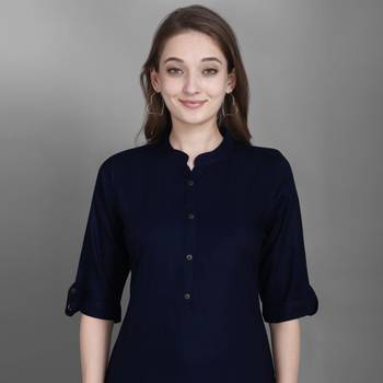 Women's Navy Blue Solid Top with Roll-up Sleeve 6