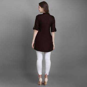 Women's Maroon Solid Top with Roll-up Sleeve 4