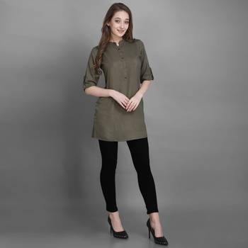 Women's Green Solid Top with Roll-up Sleeve 2