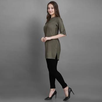 Women's Green Solid Top with Roll-up Sleeve 3