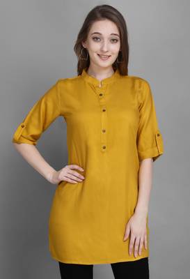 Women's Yellow Solid Top with Roll-up Sleeve 1