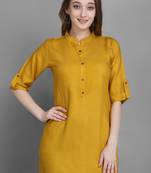 Women's Yellow Solid Top with Roll-up Sleeve