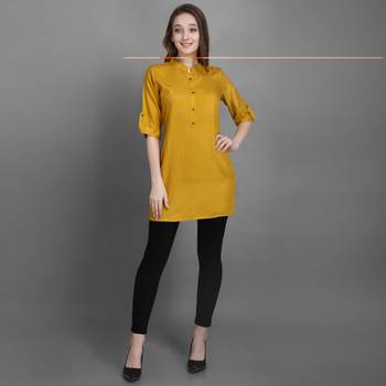 Women's Yellow Solid Top with Roll-up Sleeve 2