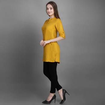 Women's Yellow Solid Top with Roll-up Sleeve 3