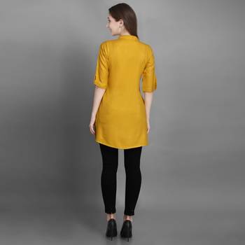 Women's Yellow Solid Top with Roll-up Sleeve 4