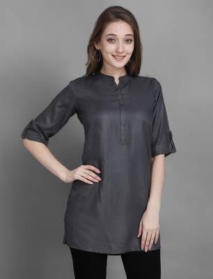 Women's Grey Solid Top with Roll-up Sleeve 1