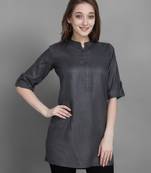 Women's Grey Solid Top with Roll-up Sleeve