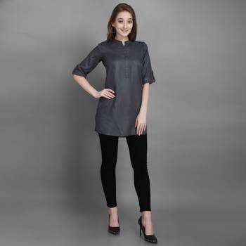 Women's Grey Solid Top with Roll-up Sleeve 2
