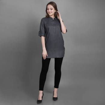 Women's Grey Solid Top with Roll-up Sleeve 3