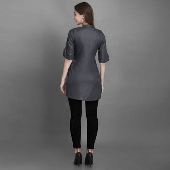 Women's Grey Solid Top with Roll-up Sleeve 4