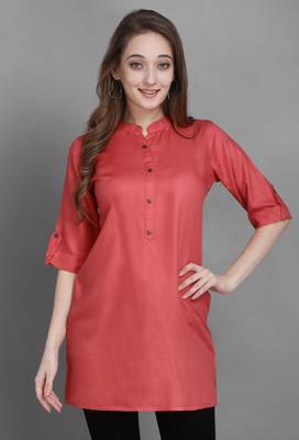 Women's Carrot Red Solid Top with Roll-up Sleeve 1