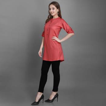 Women's Carrot Red Solid Top with Roll-up Sleeve 3