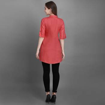 Women's Carrot Red Solid Top with Roll-up Sleeve 4