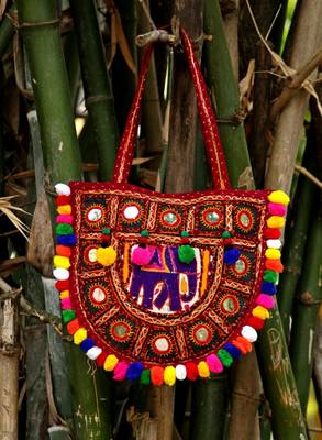 Semi Round Kutch Elephant Pattern Embroidered Banjara Tote Bag With Multicolored Pompoms All Around  1
