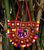 Semi Round Kutch Elephant Pattern Embroidered Banjara Tote Bag With Multicolored Pompoms All Around 