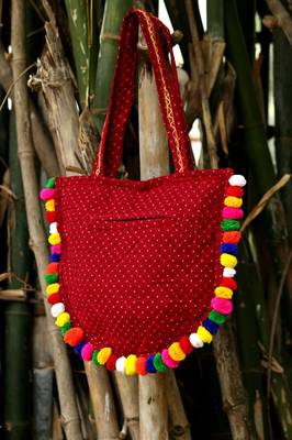 Semi Round Kutch Elephant Pattern Embroidered Banjara Tote Bag With Multicolored Pompoms All Around  2