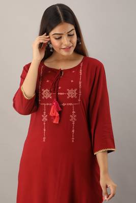 Maroon embroidered viscose rayon diwali-kurtis 4