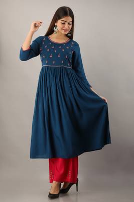 Blue embroidered viscose rayon diwali-kurtis 1