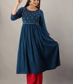 Blue embroidered viscose rayon diwali-kurtis