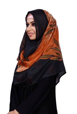 JSDC Women Black Orange Printed BSY Magic Scarf Hijab Stoles Dupatta 3