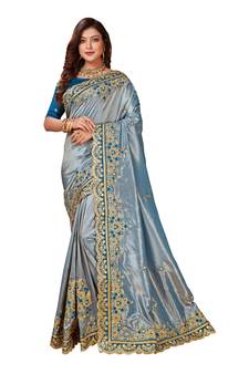 Grey embroidered art silk saree with blouse