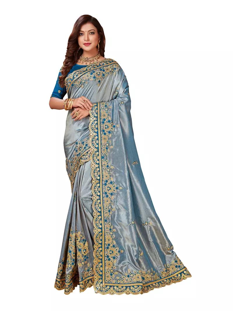 Grey embroidered art silk saree with blouse