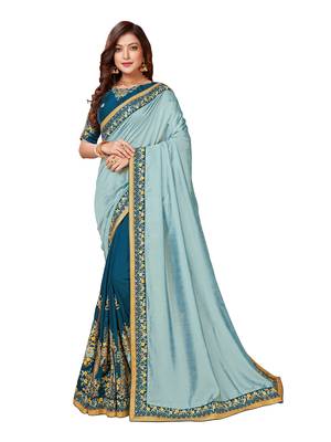 Light green embroidered art silk saree with blouse 1