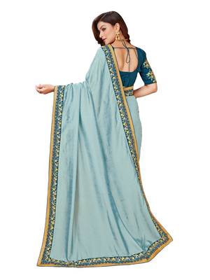 Light green embroidered art silk saree with blouse 3