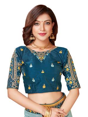 Light green embroidered art silk saree with blouse 4