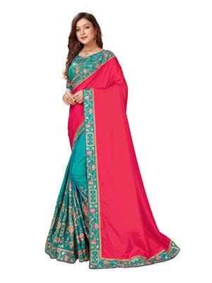 Red embroidered art silk saree with blouse 1
