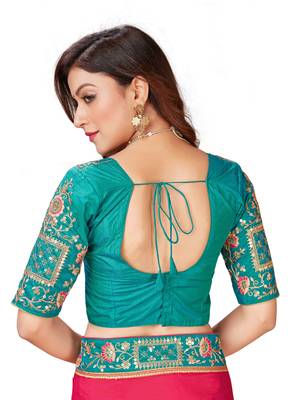 Red embroidered art silk saree with blouse 5